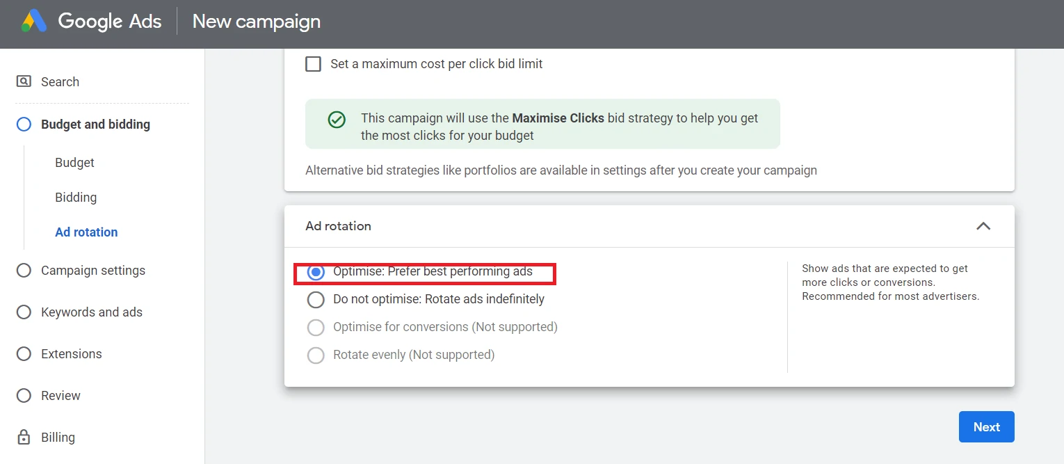 optimize the ads rotation option on the google