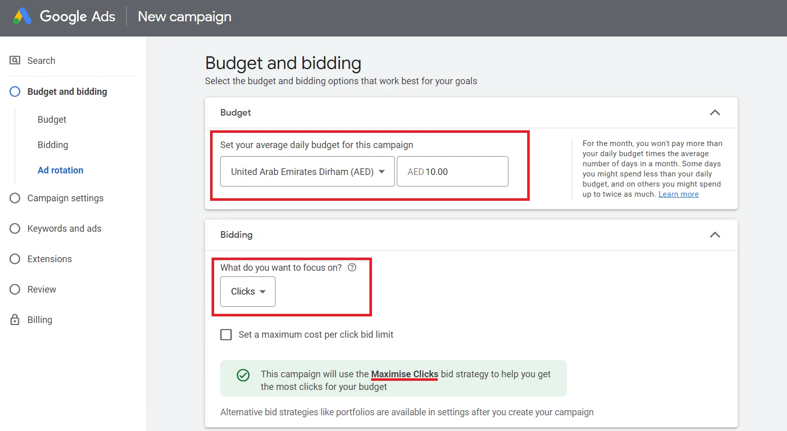 budgets and bidding section of the google ads