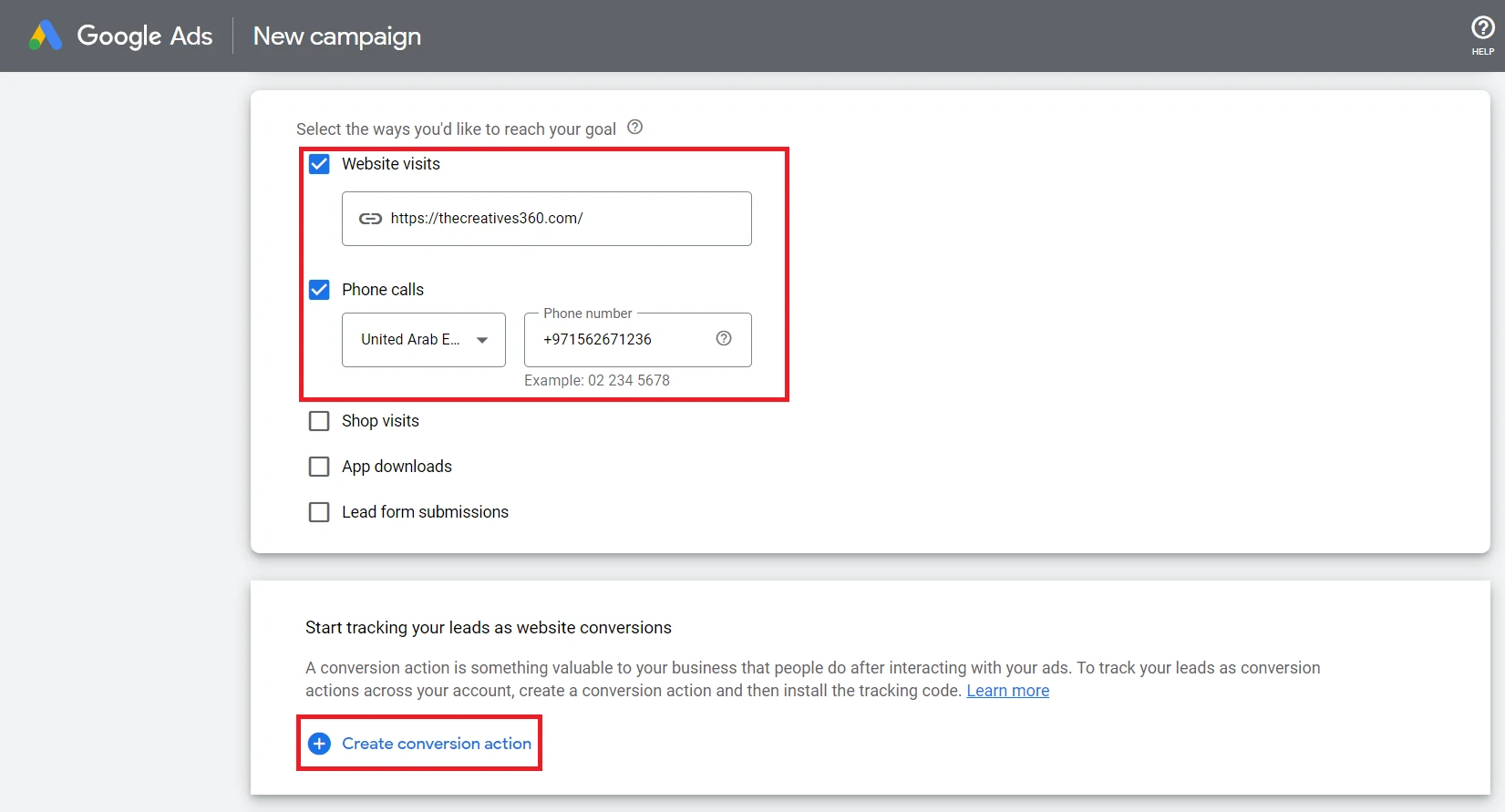 Conversion actions on the google search ads