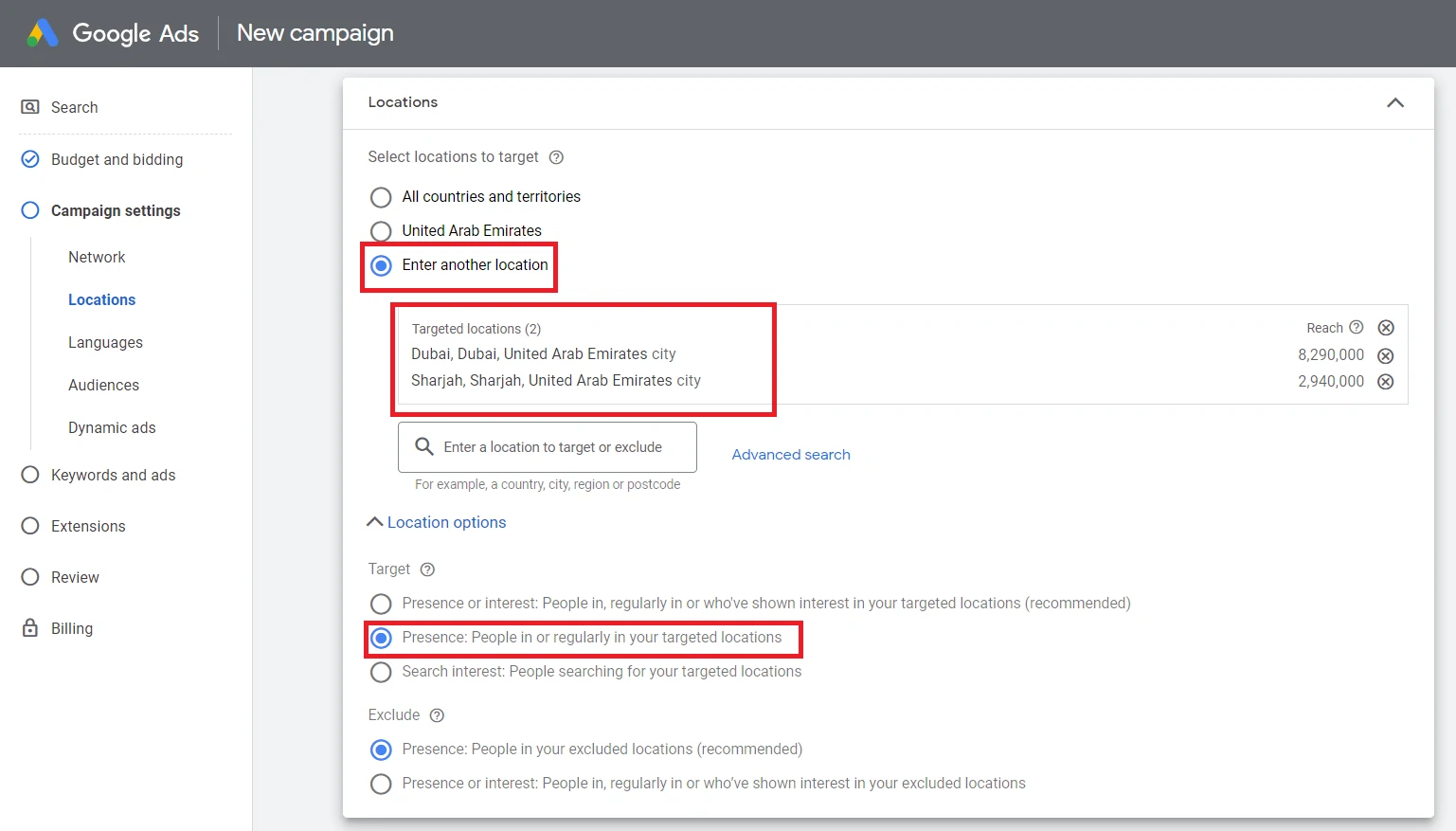 location setting on the google ads