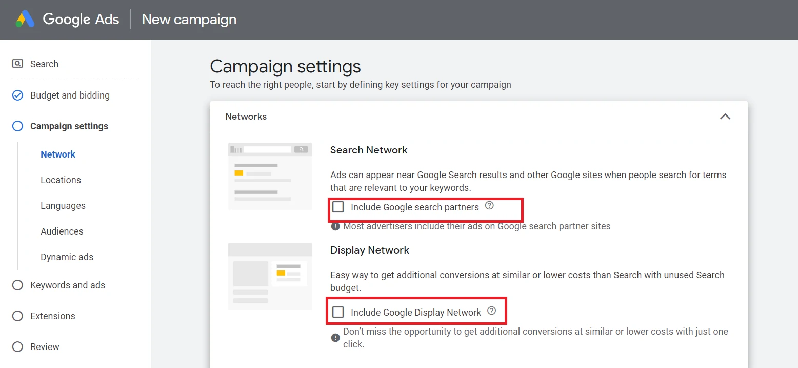 uncheck the search and display network