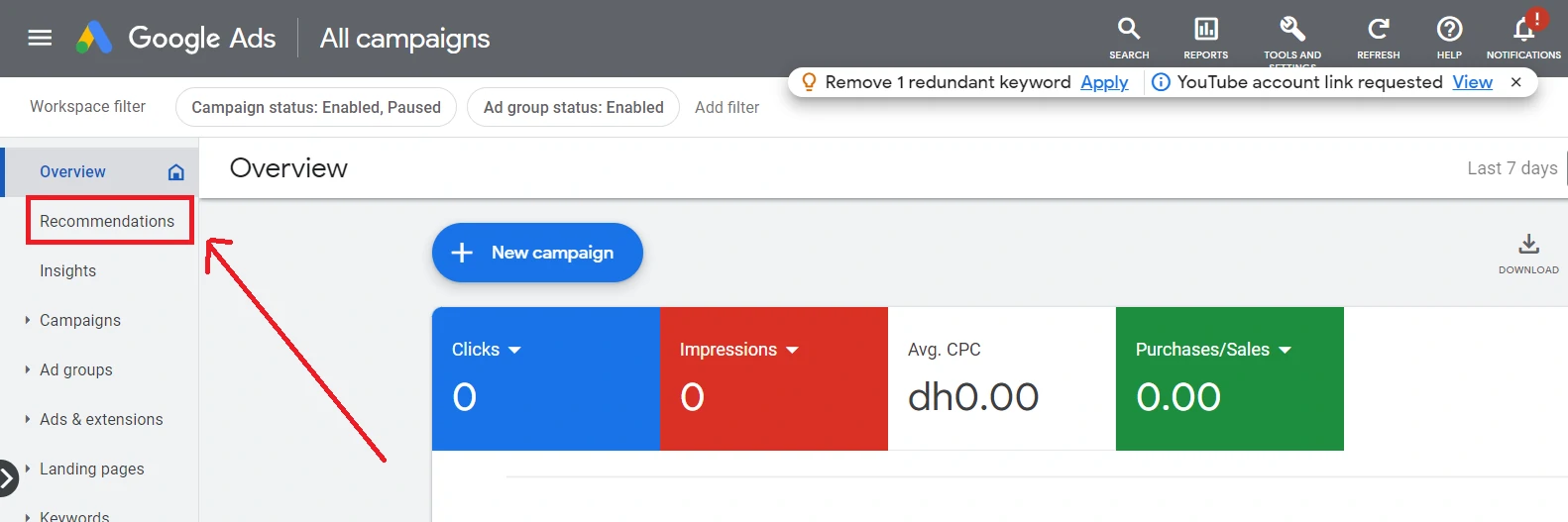 recommendation tab on the google ads overview page