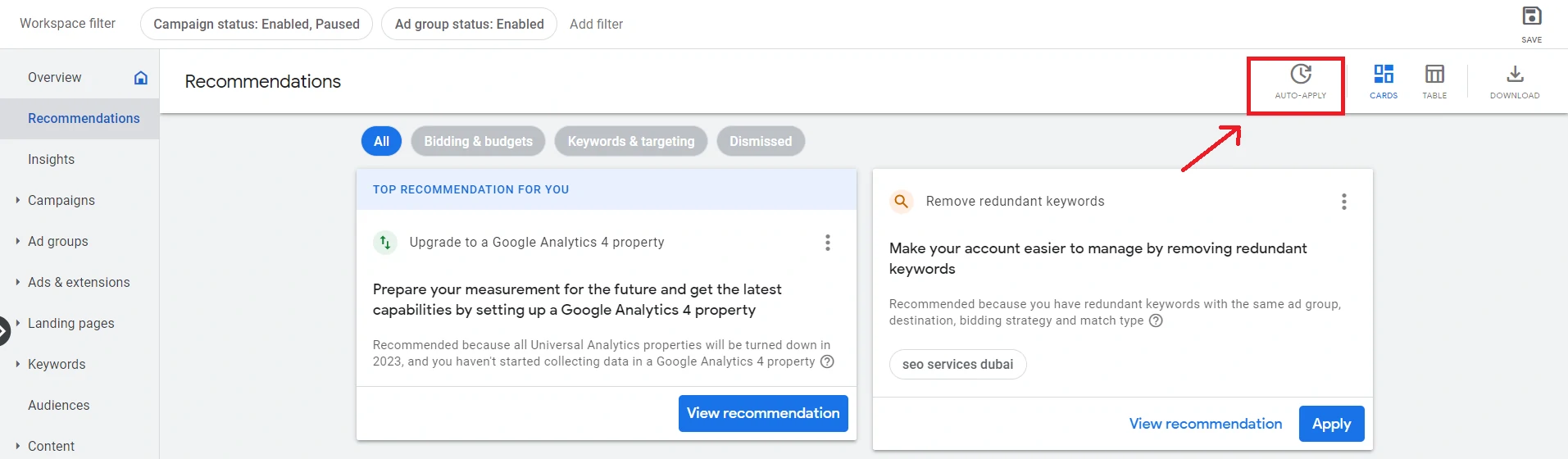 recommendations tab with auto apply option highlighted