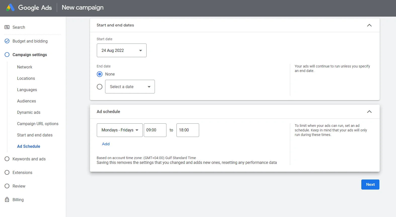 ad scheduling option on the goods agds search campaign