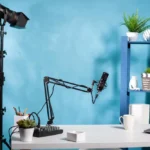 Professional video podcast studio setup with microphone, lighting, and recording equipment